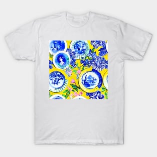 Blue and white porcelain plates on yellow T-Shirt